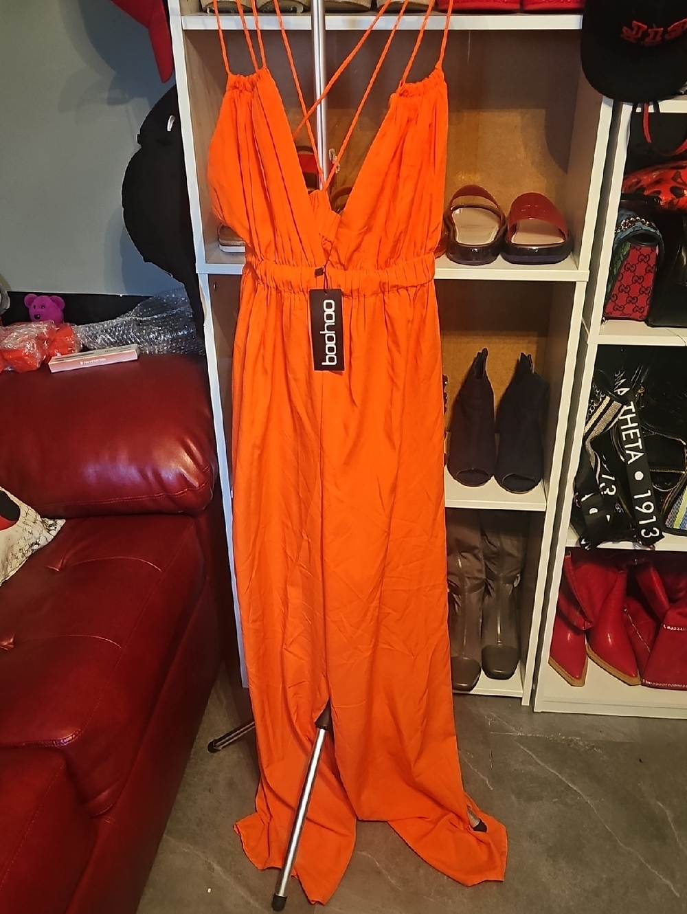 Boohoo Bright Orange Strappy Plunge Jumpsuit
